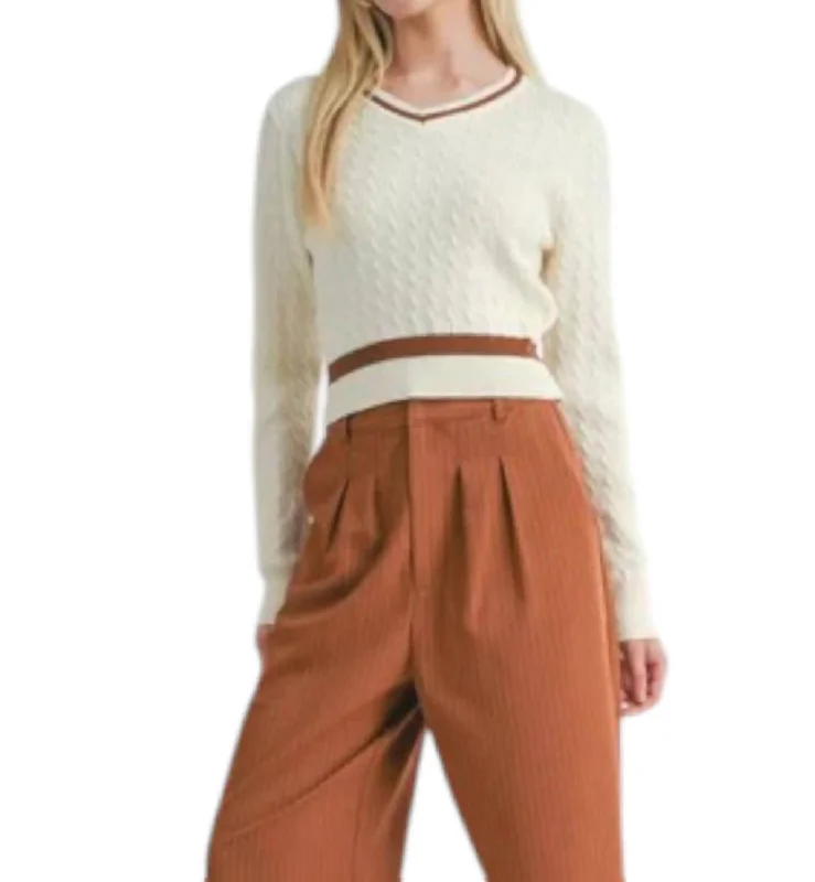 Lois Cable Knit V-Neck Sweater In Ivory Brown Open Front Closed Front Wrap Front