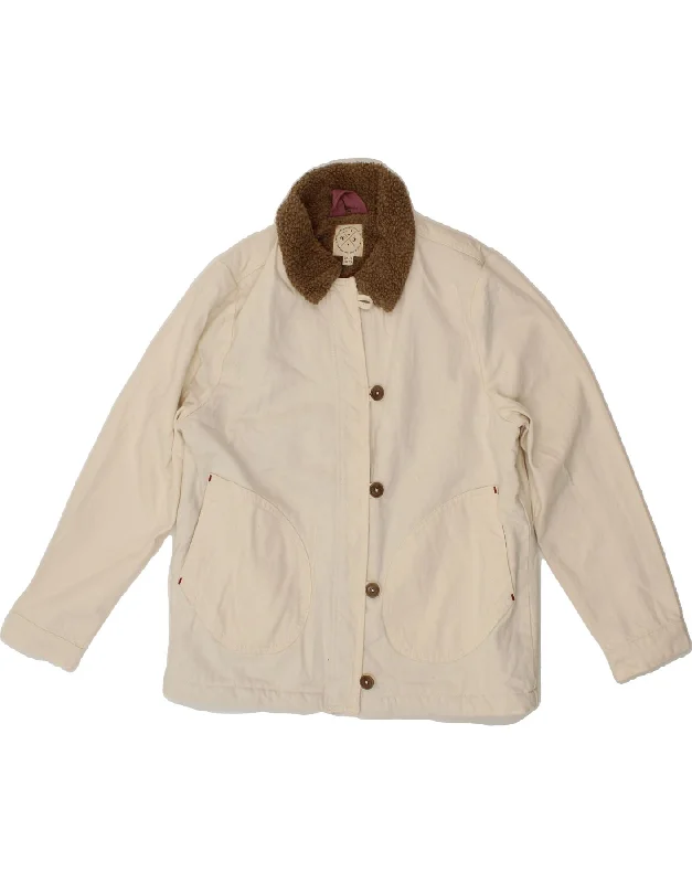 WHITE STUFF Womens Denim Sherpa Jacket UK 14 Large Off White Cotton Zip Front Button Front Snap Front WHITE STUFF Womens Denim Sherpa Jacket UK 14 Large Off White Cotton Zip Front Button Front Snap Front