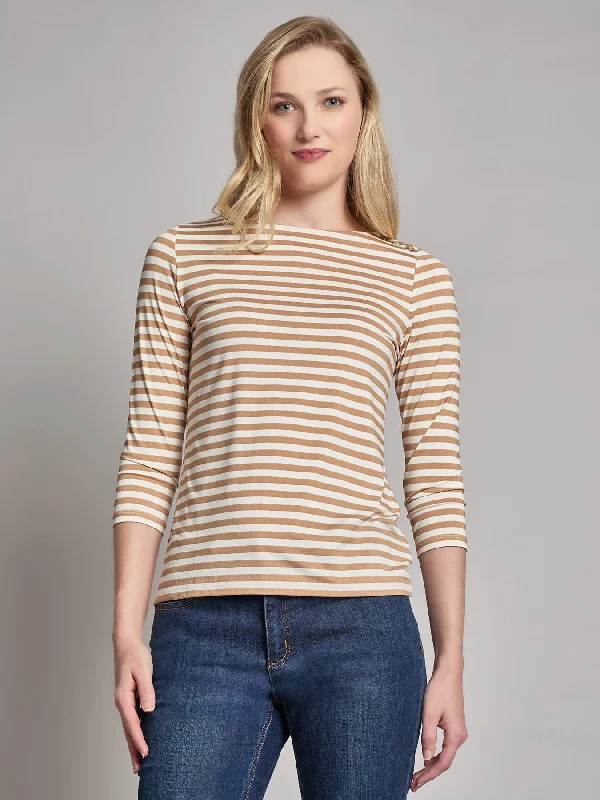 Stripe Button Shoulder Jersey Top Geometric Jersey Top