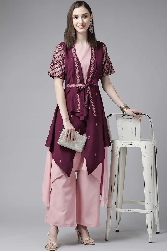 Rose Pink Crepe Kurta Palazzos Set With Burgundy Jacket Hooded Jacket Caped Jacket Shawl Collar Jacket Rose Pink Crepe Kurta Palazzos Set With Burgundy Jacket Hooded Jacket Caped Jacket Shawl Collar Jacket