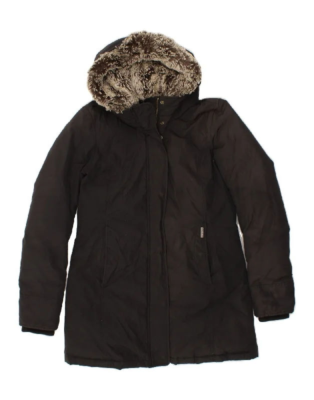 WOOLRICH Womens Hooded Padded Jacket UK 14 Large Black Cotton Embroidered Jacket Appliqued Jacket Beaded Jacket WOOLRICH Womens Hooded Padded Jacket UK 14 Large Black Cotton Embroidered Jacket Appliqued Jacket Beaded Jacket
