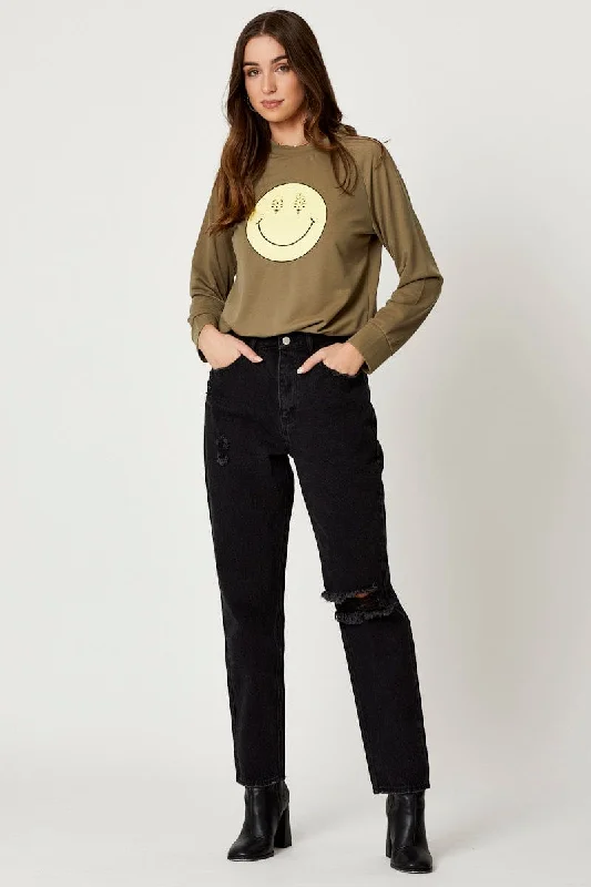 Green Smiley Face Sweater Solid Print Embellished