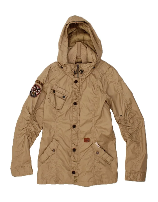 KHUJO Womens Graphic Hooded Utility Jacket UK 20 2XL Beige Cotton Hooded Jacket Caped Jacket Shawl Collar Jacket KHUJO Womens Graphic Hooded Utility Jacket UK 20 2XL Beige Cotton Hooded Jacket Caped Jacket Shawl Collar Jacket