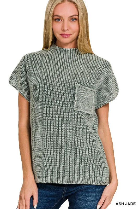 Washed Mock Neck Short Sleeve Sweater, 5 Colors Transparent Opaque Sheer