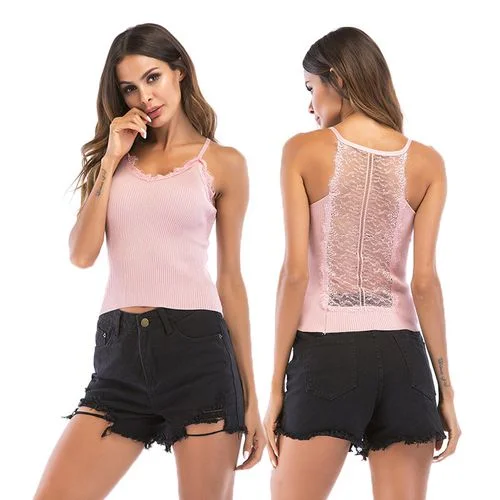 Summer V-neck Lace Stitching Short Trim Outer Wear Sling Tank Top for Girl stretchy tank top