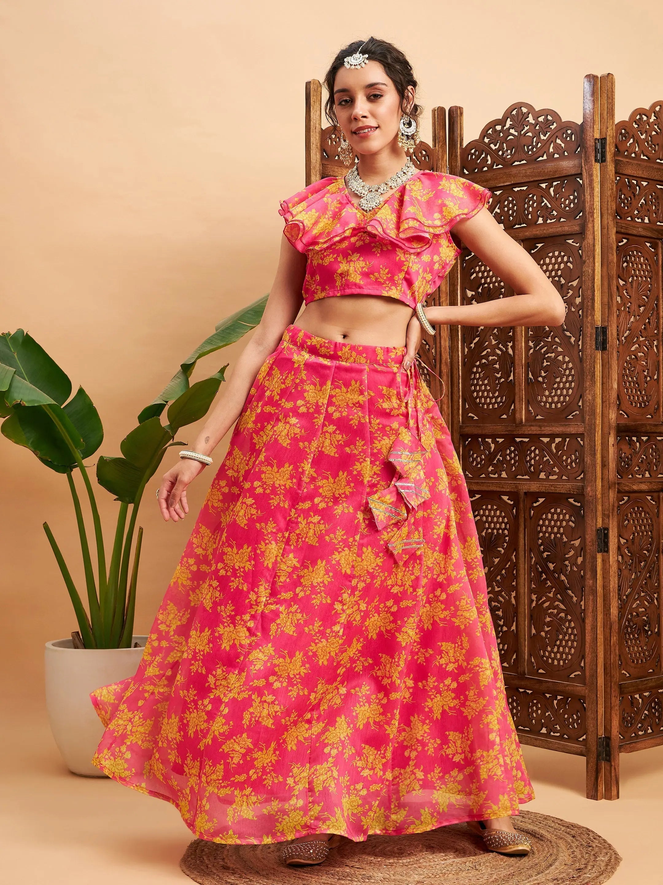 Women Fuchsia Floral Anarkali Skirt With Frill Crop Top Collared Crop Top Boat Neck A-Line Women Fuchsia Floral Anarkali Skirt With Frill Crop Top Collared Crop Top Boat Neck A-Line