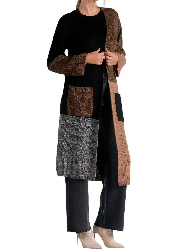 Long Colorblock Duster Sweater With Pockets In Black Color Block Ribbed Striped Patterned Long Colorblock Duster Sweater With Pockets In Black Color Block Ribbed Striped Patterned