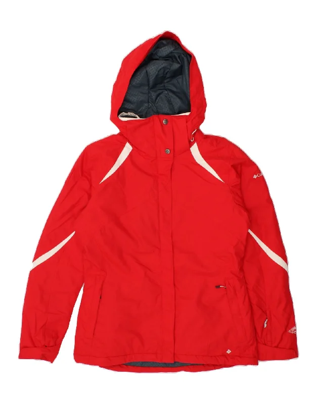 COLUMBIA Womens Hooded Windbreaker Jacket UK 12  Medium Red Colourblock Hoodie Zip-Up Jacket Button-Up Jacket