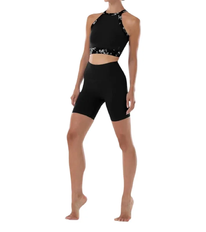 High Neck Crop Top In Black Elasticated Padded Insulated