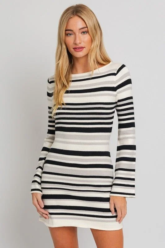 LE LIS Boat Neck Bell Sleeve Sweater Dress Fitted Slim Tailored