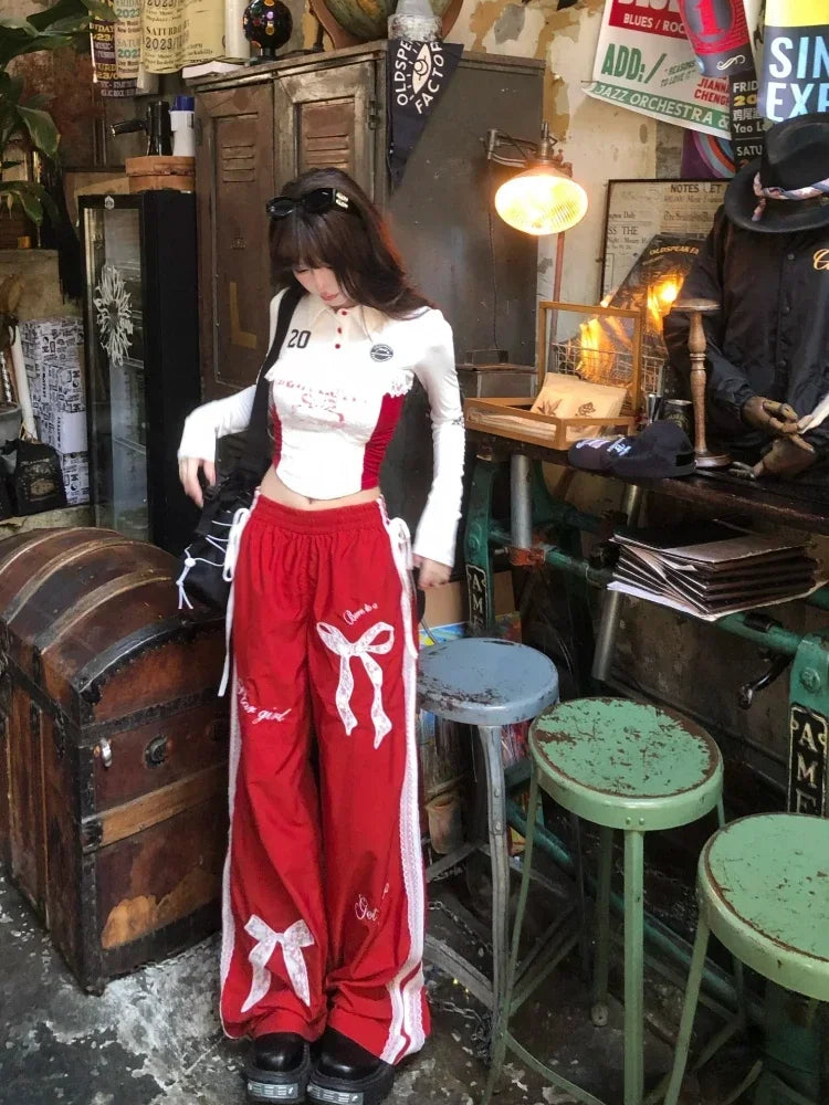 Advbridge Y2k Hot Girls Outfits 2 Piece Set Women Sweet Lace Crop Tops + Red Bow Trousers Autumn Street Harajuku Fashion Pants Sets New Sequined Glittery Shiny Advbridge Y2k Hot Girls Outfits 2 Piece Set Women Sweet Lace Crop Tops + Red Bow Trousers Autumn Street Harajuku Fashion Pants Sets New Sequined Glittery Shiny