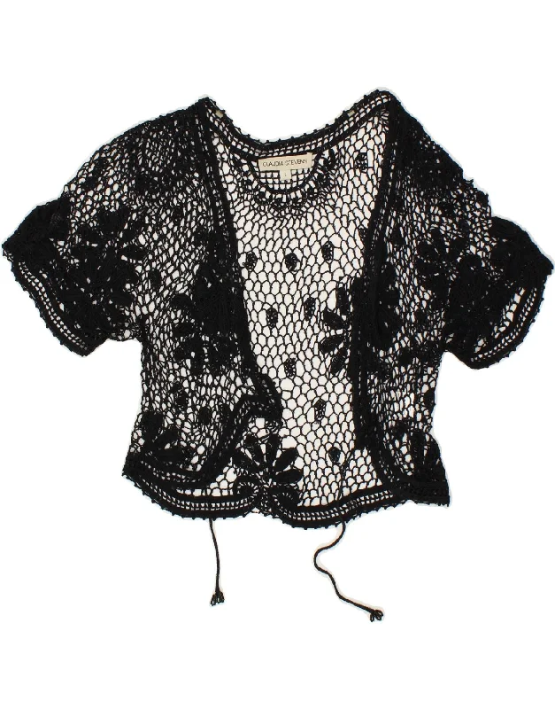 VINTAGE Womens Crochet Crop Top UK 10 Small Black Floral Viscose Seamless Knitted Crochet