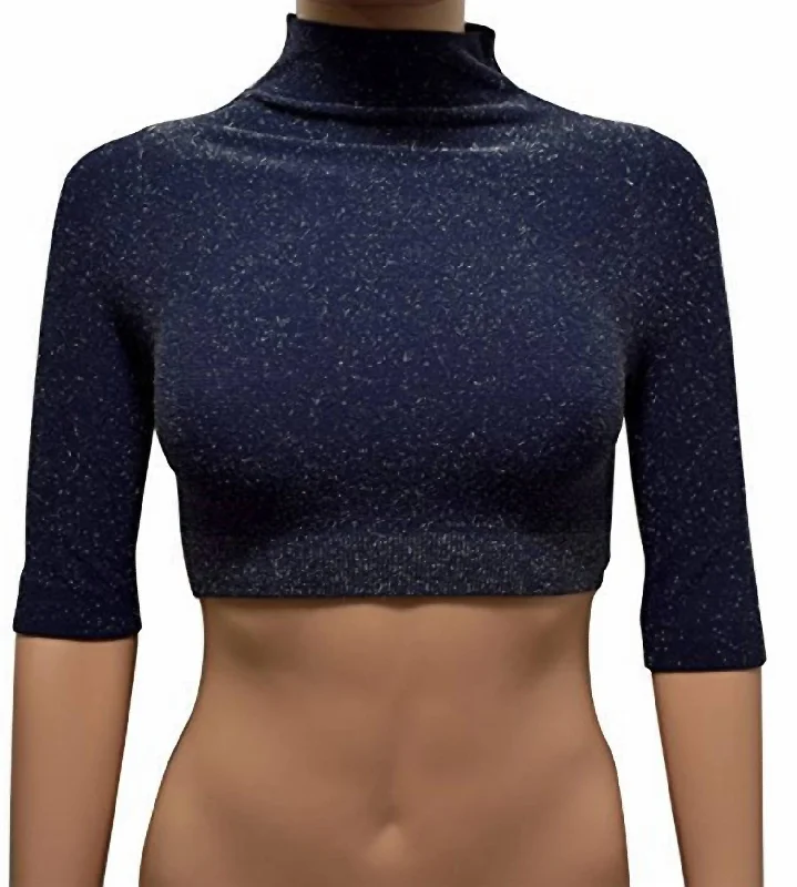 Women Mock Neck Glitter Crop Top In Navy Graphic Embroidered Appliqued