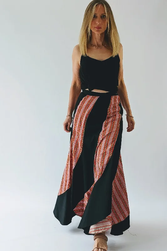 Vintage Boho Spiral Tiered Maxi Skirt silk skirt lustrous