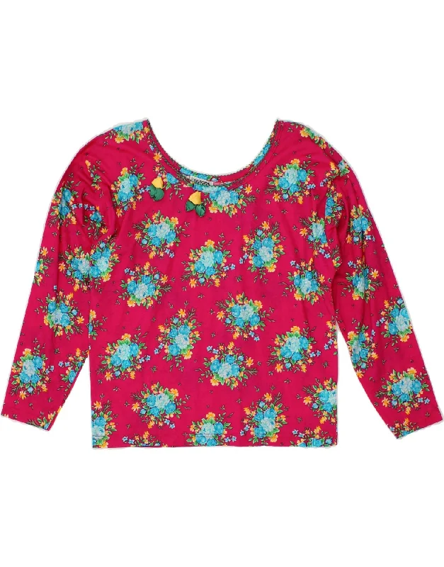 MAGIA Womens Crop Top Long Sleeve UK 14 Large Pink Floral Cotton Hooded Caped Shawl Collar