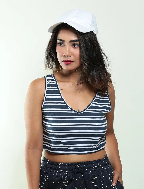 Nautical Crop Top Blue Handmade Hand-knitted Hand-woven