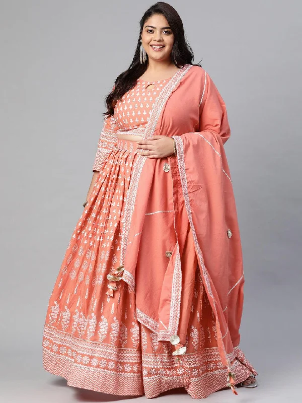 Plus Size Pink Printed Crop Top, lehenga with Dupatta set Striped Floral Plaid