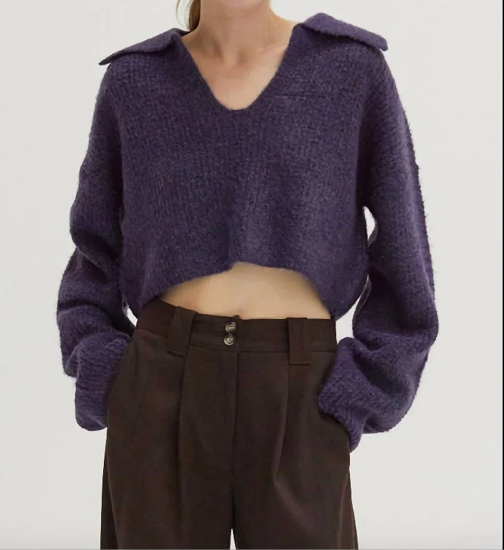 Carter Waffle Polo Sweater In Purple Hooded Caped Shawl Collar