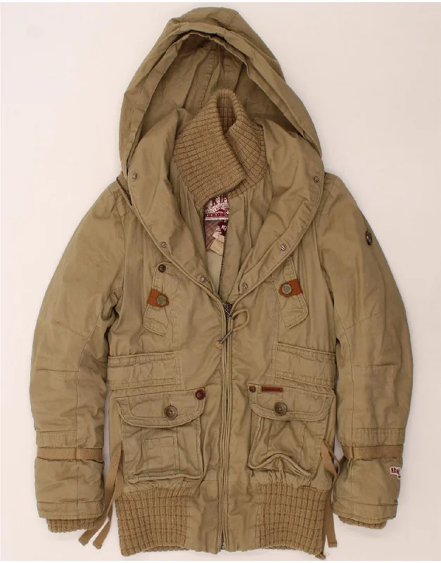 KHUJO Womens Hooded Utility Jacket UK 14 Medium Beige Cotton Hooded Jacket Caped Jacket Shawl Collar Jacket KHUJO Womens Hooded Utility Jacket UK 14 Medium Beige Cotton Hooded Jacket Caped Jacket Shawl Collar Jacket