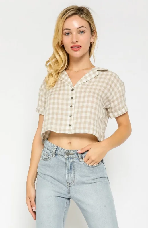 Plaid Gingham Crop Top Real Fur Shearling Chenille