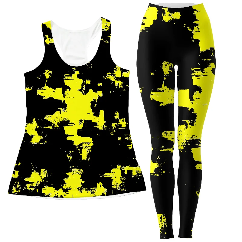 Black and Yellow Abstract Women's Tank and Leggings Combo cropped tank top