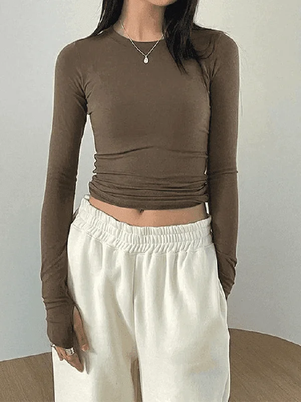 Basic Solid Long Sleeve Crop Top Notch Collar Peter Pan Collar Cowl Neck