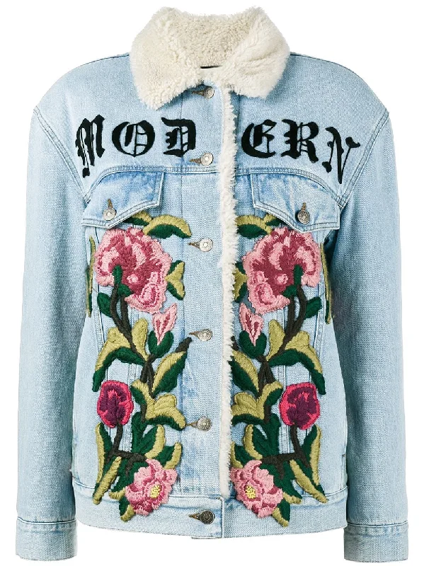 embroidered shearling denim jacket Appliqued Jacket Beaded Jacket Sequined Jacket