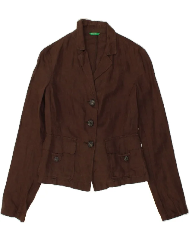 BENETTON Womens 3 Button Blazer Jacket IT 38 XS Brown Linen Embroidered Jacket Appliqued Jacket Beaded Jacket BENETTON Womens 3 Button Blazer Jacket IT 38 XS Brown Linen Embroidered Jacket Appliqued Jacket Beaded Jacket