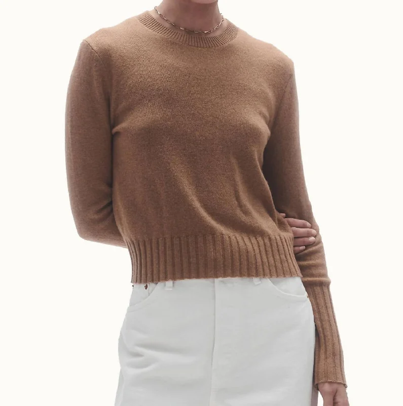 Shrunken Crew Sweater In Almond Solid Print Embellished