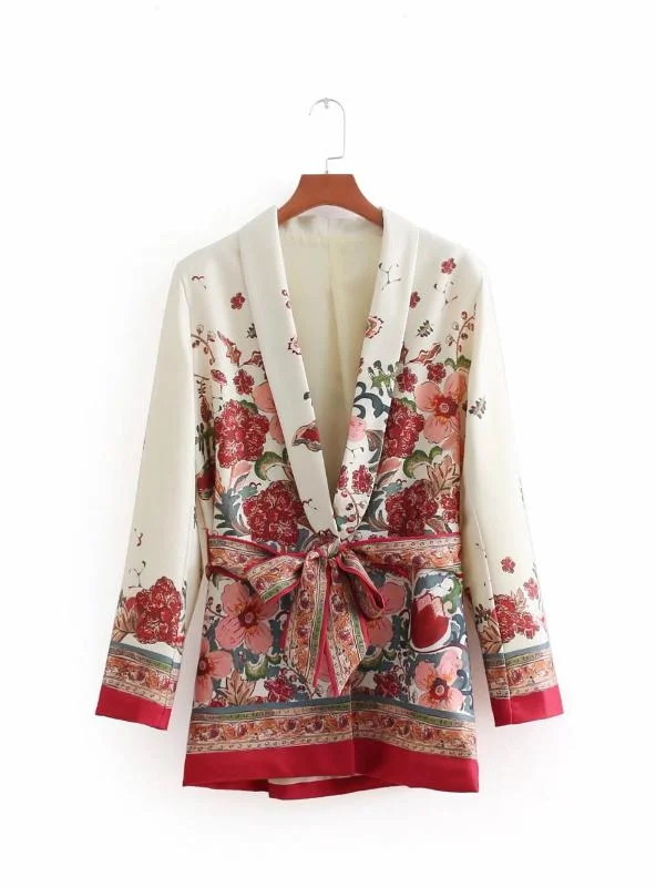 RED FLORAL PRINT KIMONO SUIT JACKET LADIES WAIST BOWKNOT Herringbone Jacket Checkered Jacket Solid Jacket