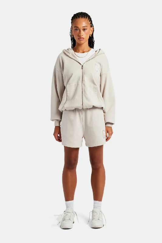 C Embroidered Zip Through Hoodie & Short Set - Stone Hoodie with Oversized Fit Loose Comfortable C Embroidered Zip Through Hoodie & Short Set - Stone Hoodie with Oversized Fit Loose Comfortable