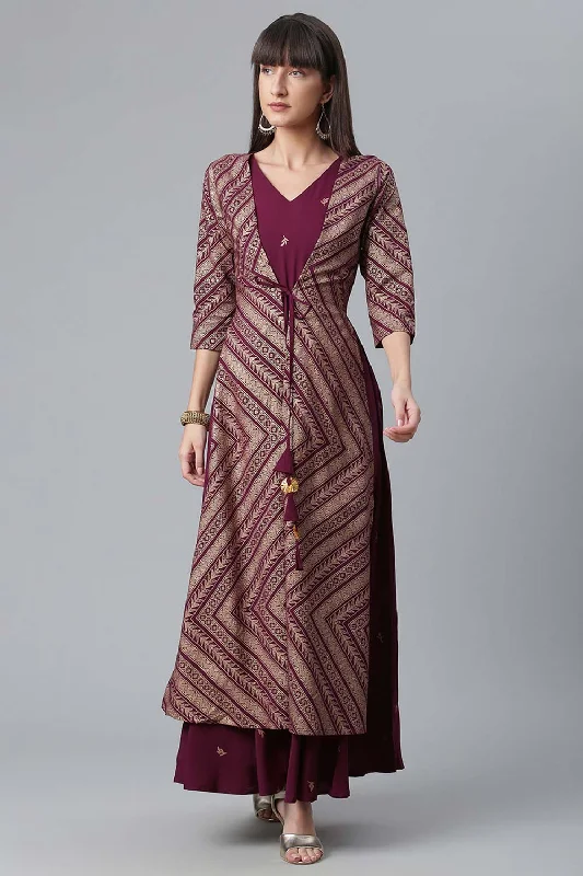 Crepe Wine Glitter Print Kurta With Jacket Zip Front Button Front Snap Front
