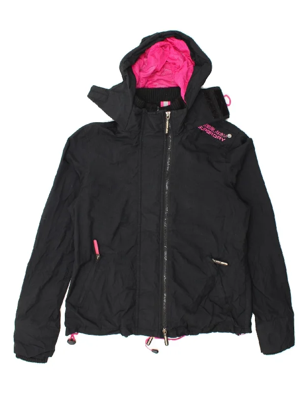 SUPERDRY Womens Windcheater Hooded Windbreaker Jacket UK 16 Large Black Embroidered Jacket Appliqued Jacket Beaded Jacket