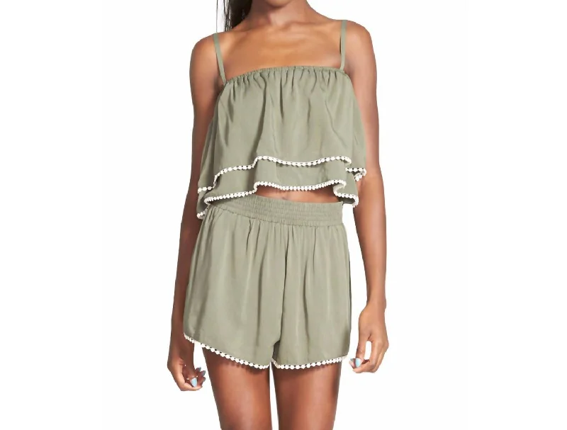 Get Lost Sleeveless Spaghetti Strap Ruffle Crop Top In Khaki Green Silk Blend Satin Velvet