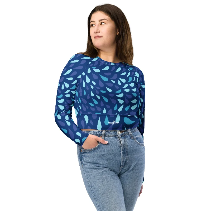 Abstract Blue Tears Recycled Long-Sleeve Crop Top Fleece Fabric Down Fabric Feather Fabric