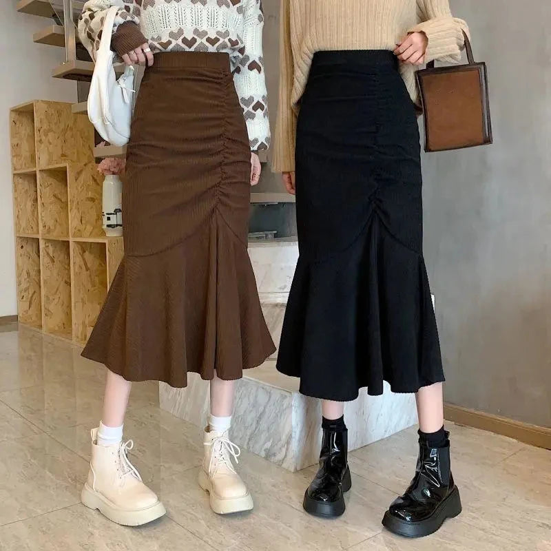 High Waist Midi Skirts Women Slim Fit  Hip Mermaid Skirt Woman Korean Ruffles wool skirt warm