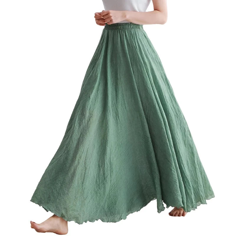 Cotton Linen Maxi Skirt Women Elastic High Waist Pleated A-Line Beach Skirts Boho ribbed skirt waist