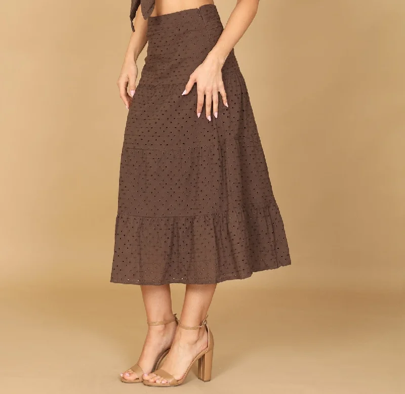 Brown Eyelet Tiered Skirt wrap skirt elegant