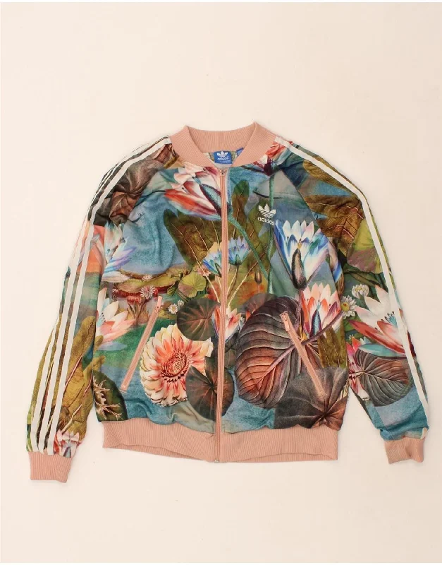 ADIDAS Womens Graphic Tracksuit Top Jacket UK 18 XL Multicoloured Floral Faux Fur Jacket Real Fur Jacket Shearling Jacket