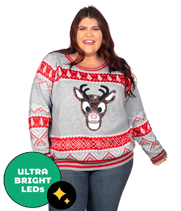 Women's Sequin Rudolph Light Up Plus Size Ugly Christmas Sweater Polka Dot Checkered Tartan