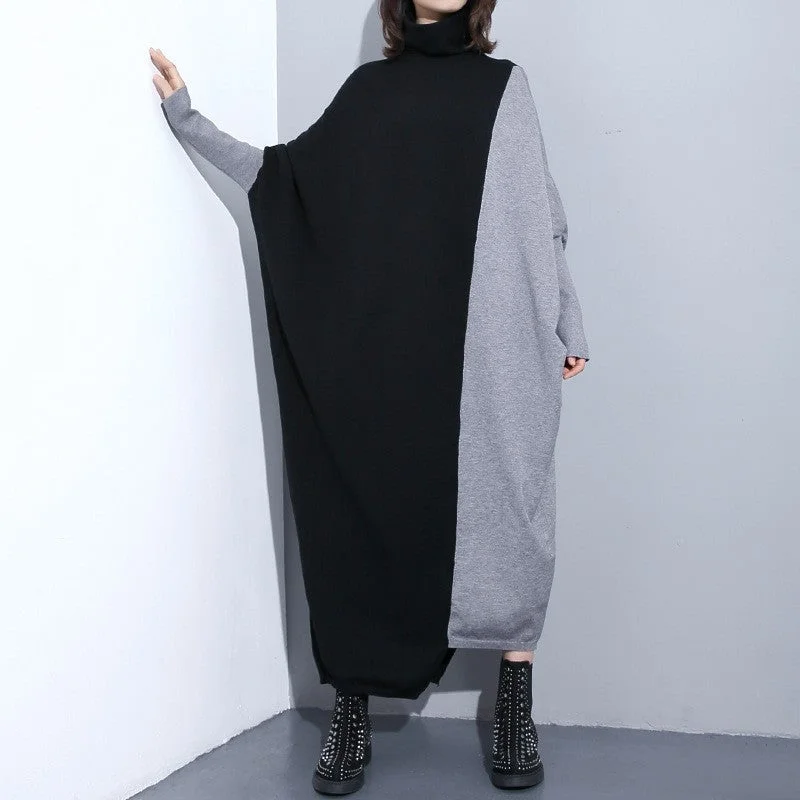 Contrast Color Stitching Bat Sleeve Sweater Dress Open Front Closed Front Wrap Front