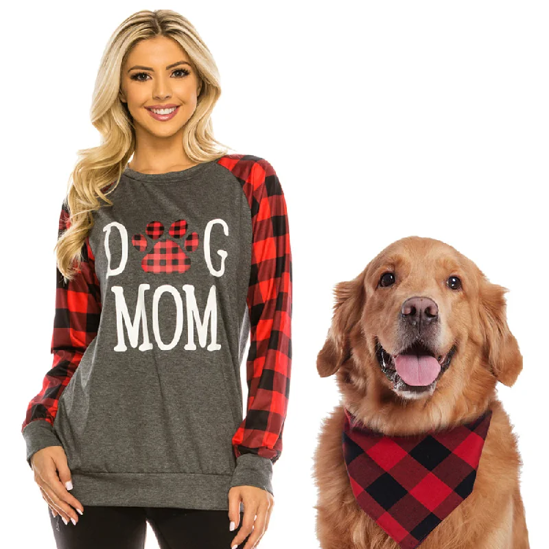 Haute Edition Women's Dog Mom Buffalo Plaid Sweatshirt with Dog Bandana 2-Piece Gift Set Hoodie with Crew Neck Simple Timeless