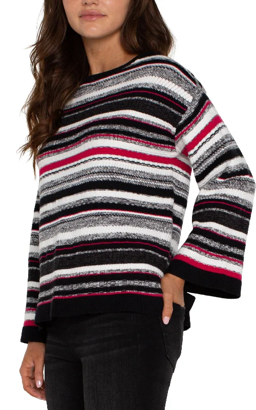 LONG SLEEVE BOAT NECK SWEATER - BLACK/RUBY/WHITE STRIPE Sequined Glittery Shiny