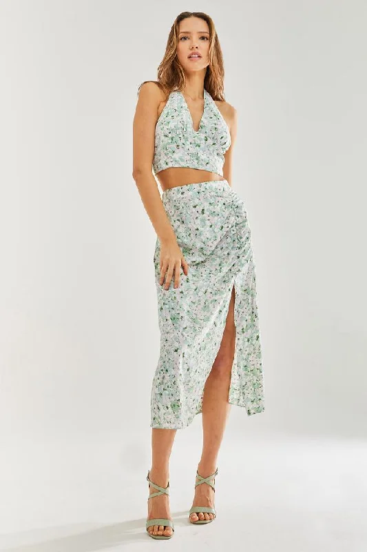 Liquorish Green Floral  Halterneck Crop Top Mesh Blend Leather Blend Suede Blend