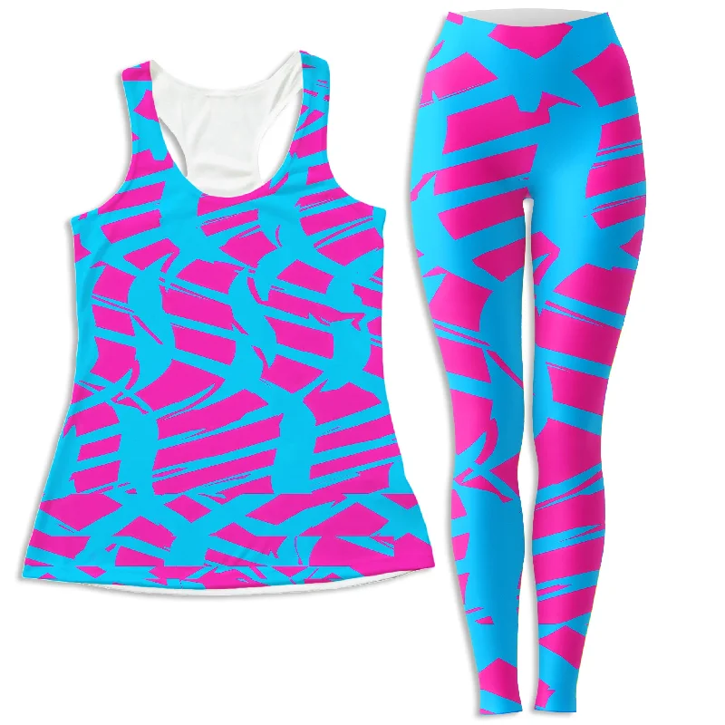 Pink and Blue Squiggly Rave Checkered Women's Tank and Leggings Combo essential tank top