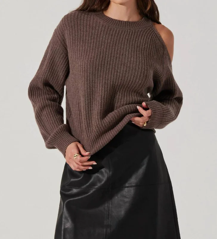 The Label Millicent Ribbed Cold Shoulder Sweater In Mushroom Slim Fit Regular Fit Oversized