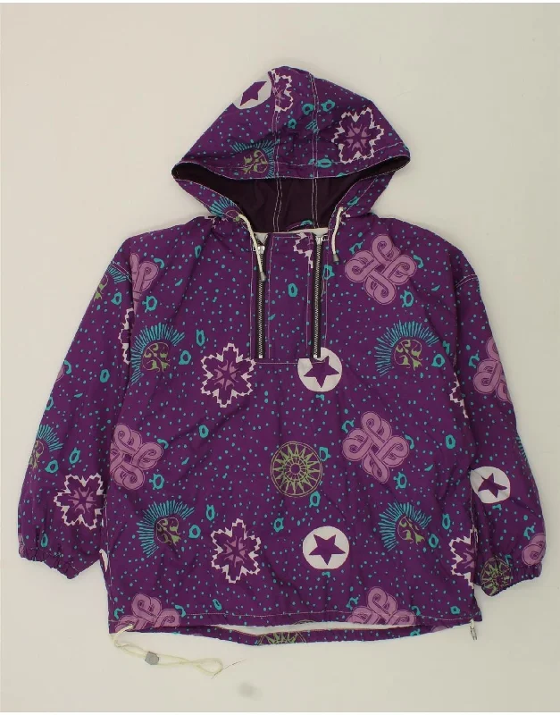 VINTAGE Womens Abstract Pattern Hooded Anorak Jacket UK 22 3XL Purple Trench Coat Raincoat Waterproof Jacket