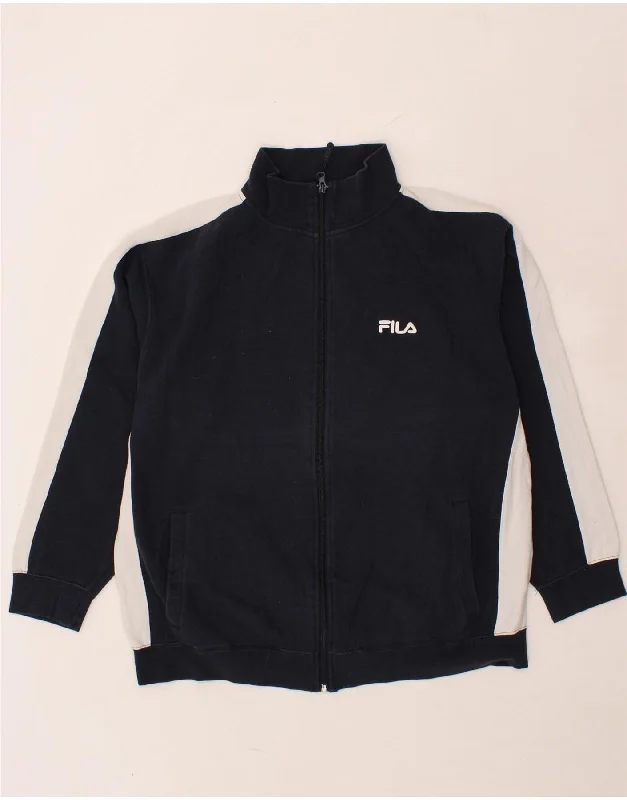 FILA Womens Tracksuit Top Jacket UK 16 Large Navy Blue Colourblock Cotton Notch Collar Jacket Peter Pan Collar Jacket Cowl Neck Jacket