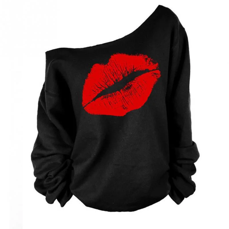 Red White Lips Offset Print Women Tops Long Sleeve Loose Fit Tee Shirts Plus Size Women Clothing Spring Blusas Sweatshirt Hoodie with Lace Feminine Delicate