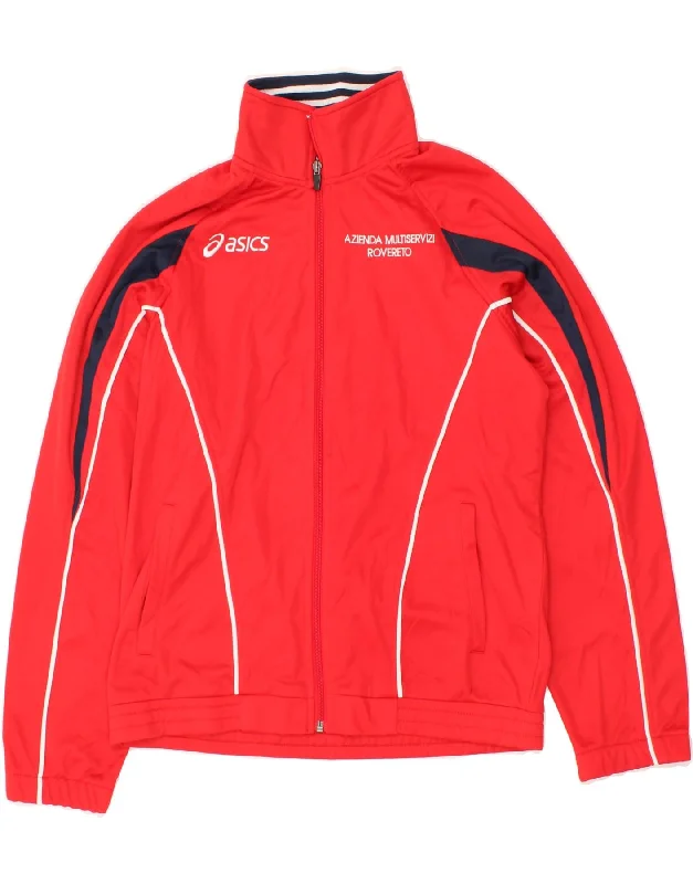 ASICS Womens Graphic Tracksuit Top Jacket UK 16 Large Red Colourblock Knit Jacket Woven Jacket Fleece Jacket